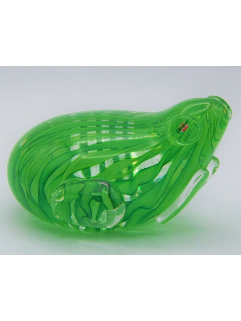 Art Glass Paperweight Green Frog Ribbon Swirl Stylized Figurine Millefiori Eyes